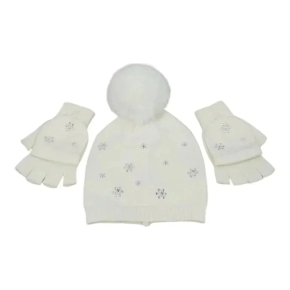Girls White/Cream Sparkly Snowflake Knit Hat Beanie with Fingerless Glove set - Picture 2 of 13